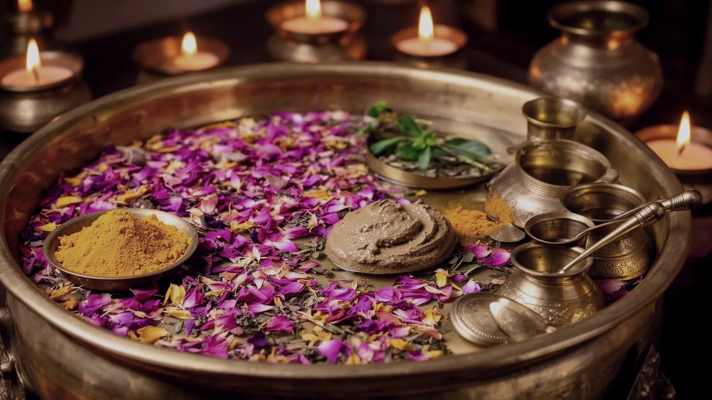 Brass urn of petals, turmeric and herbal paste beside oil lamps