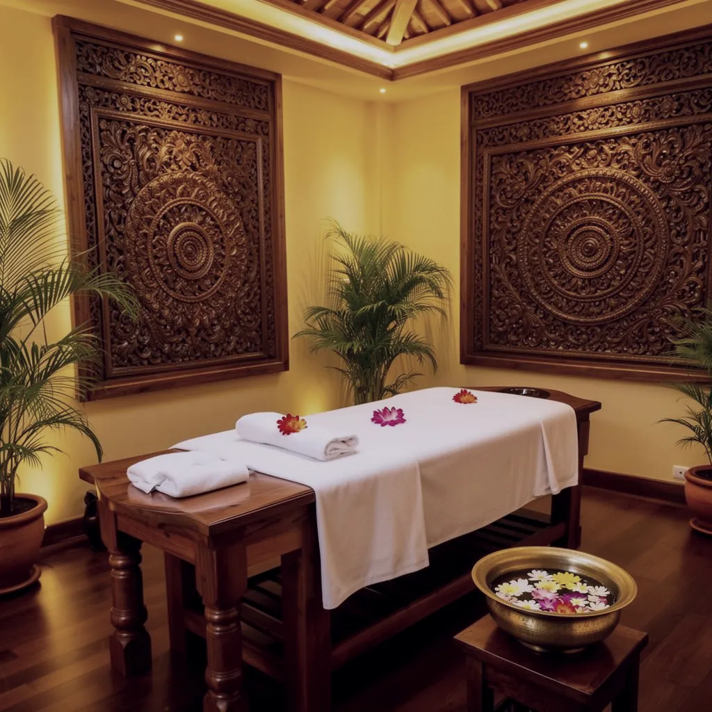 Treatment room with carved wooden panels and a teak massage table